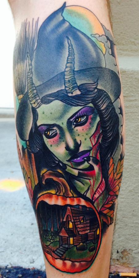 Gary Dunn - traditional color evil witch with pumpkin tattoo, Gary Dunn Art Junkies Tattoo Hesperia ca